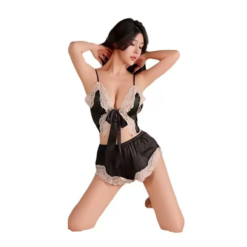 Sexy bow lace-up split two-piece sex suit women's deep V lace seduction sex pajamas