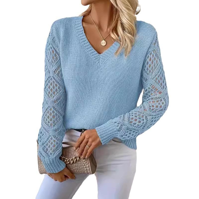 Spring and Autumn Knitted Sweater Foreign Trade Women's Clothing Temperament V-neck Hollow Long-sleeved Solid Color Casual Top