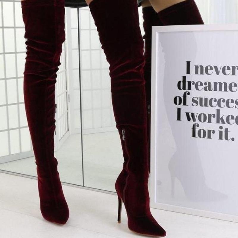 Velvet Over Knee Boots for Women Spring Autumn Pointed Toe Stiletto Heels Elastic Thigh High Plus Size 34-43