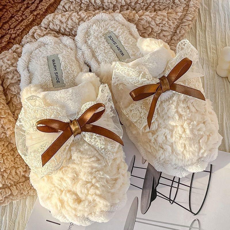 Winter cotton slippers women's student version bow thick bottom non-slip warm home casual versatile family slippers women