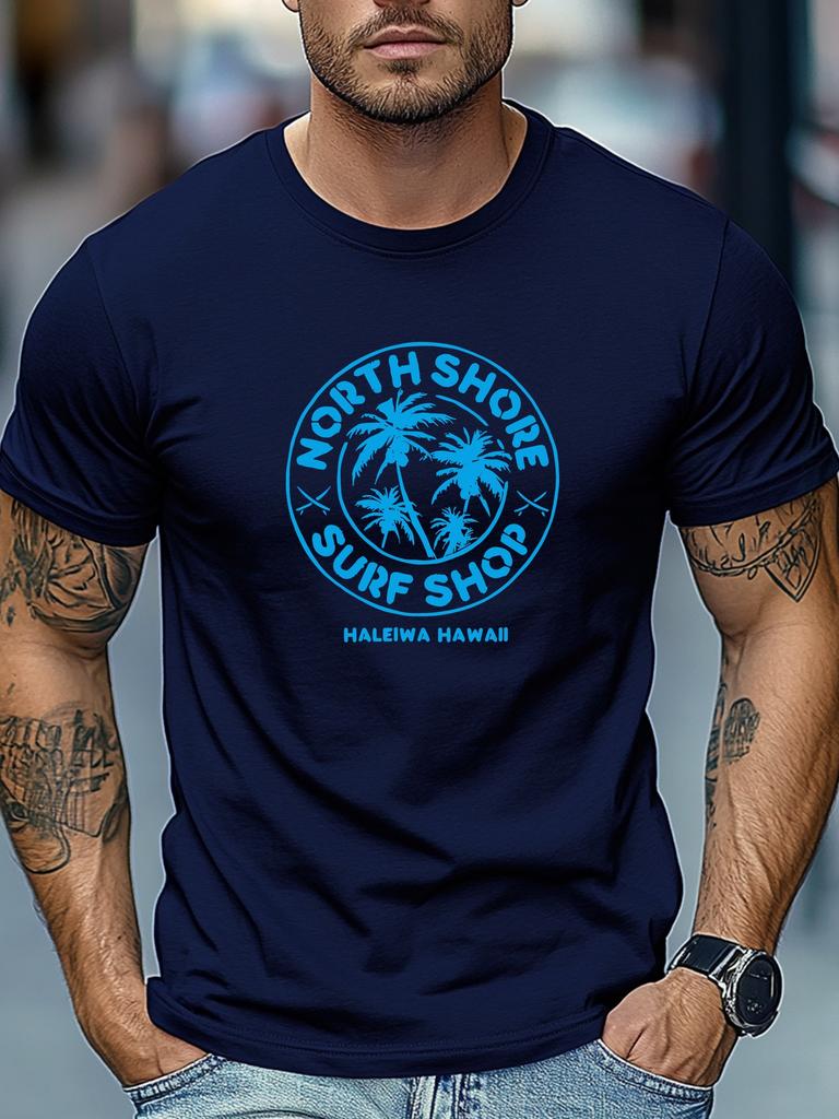 Unisex Hawaii Palm Tree Surf Print Crew Neck Short Sleeve Oversized Tee Beach Street Male Casual Breathable Summer Basic Daily Top
