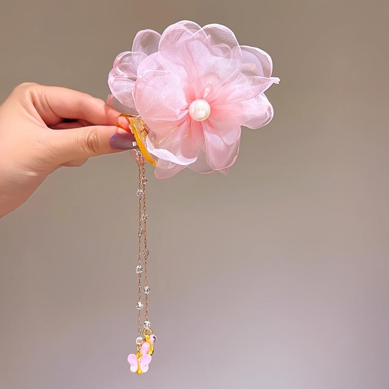 

Cute Flower Tassel Hairpin - Pink Organza, Lovely Updo Hair Clip For Girls