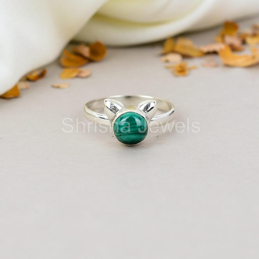Cat Ring, Green Malachite Gemstone Round Shape 925 Sterling Silver Handmade Jewelry Ring For Women