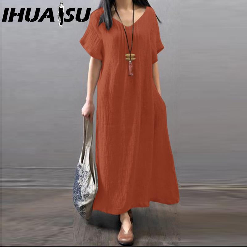 

IHUASU Женская мода Лето Весна Однотонный принт Короткий рукав V-образный вырез Завышенная талия Повседневные платья XXXL оранжевый