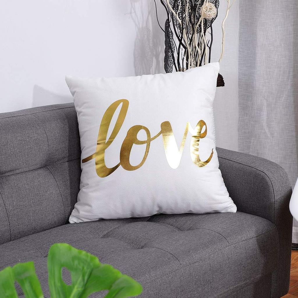 Uxcell Throw Pillow Cover Gold Love Letter Printed Modern Square Pillow Shams Bronzing Flannelette Cushion Cover for Bedroom Sofa Car,18 X 18 Inches