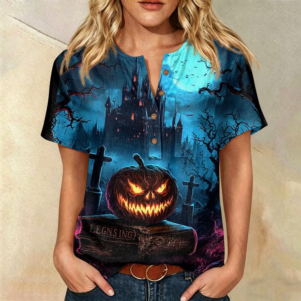 Women Casual Short Sleeve Henley Shirt with Chest Pocket Halloween Themed Graphic Print Cotton Linen Blended Fabric Relaxed Fit