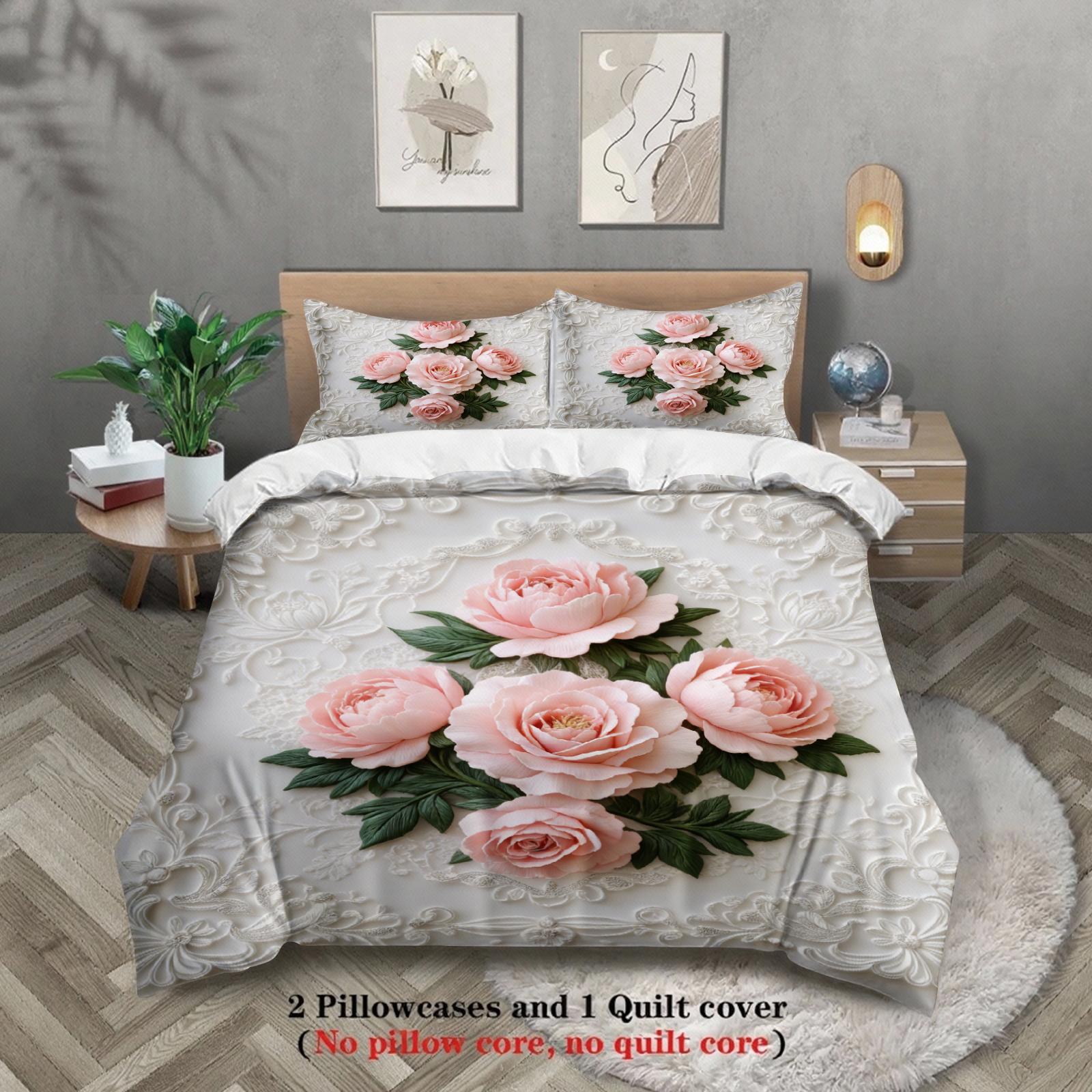 

Rose Embroidered Bedding Set White Floral Pattern Bedding With Duvet Cover Pillowcases Wrinkle-Free Fade-Resistant For Bedroom US Full(200x230cm)