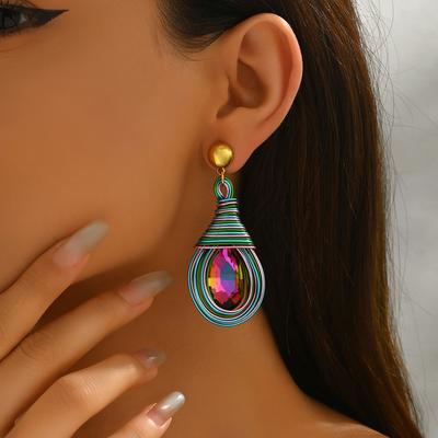 Wind Women's Earrings Geometric Inlaid Colored Diamond Water Drop Design Earrings Versatile Premium Earrings