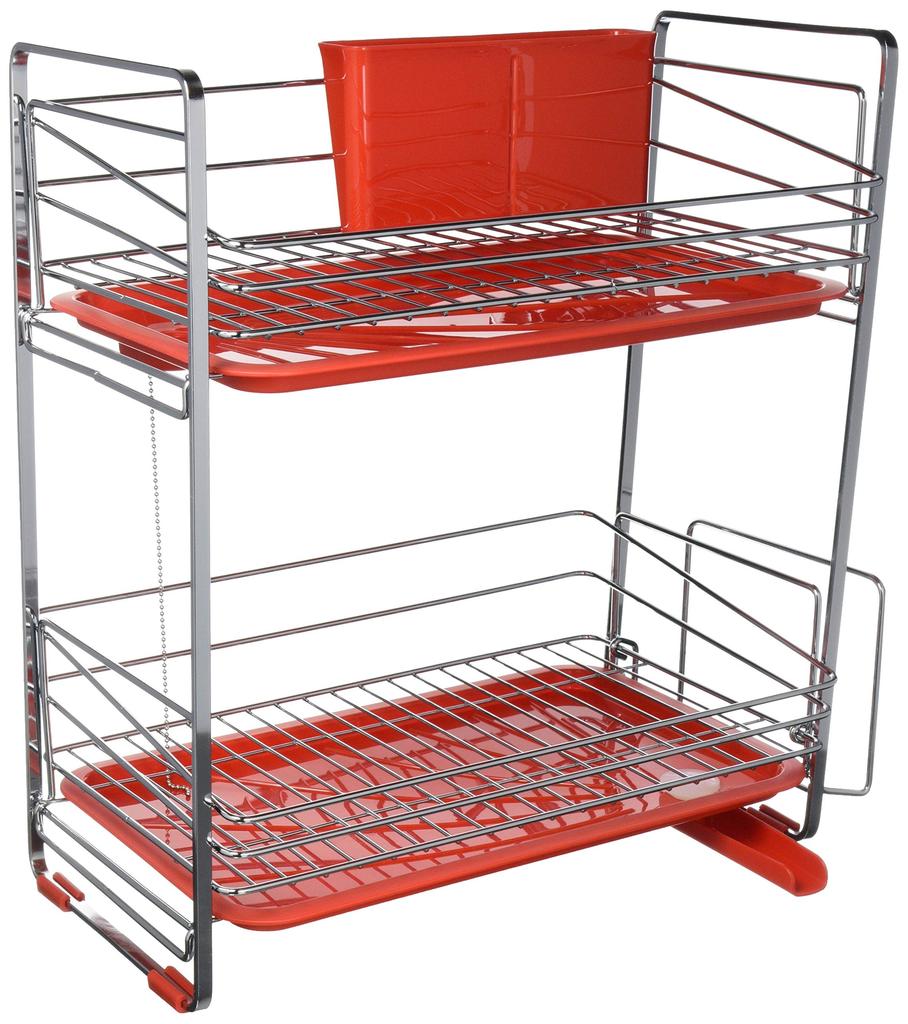 Pearl Metal Simple Storage Slim Dish Drainer Rack, 2 Tiers, Red, HB-307