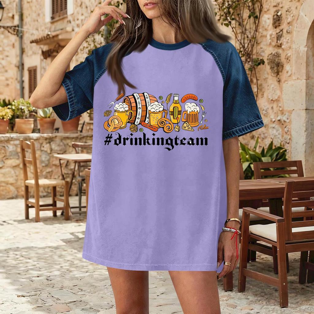 Casual Women Denim Patchwork Oktoberfest Graphic Print Short Sleeve T Shirt Comfortable Loose Fit Summer Top
