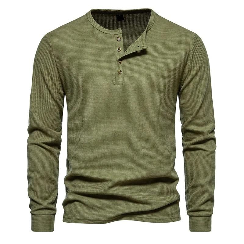 Waffle Henley T-Shirt Men Long Sleeve Basic Breathable Men's Tops Tee Shirts New Autumn Casual Solid Color Button T Shirts
