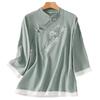 Women's 2024 Embroidered Cotton-Linen Three-Quarter Sleeve Pullover T-Shirt – Plus Size, Casual, Round Neck, Belly-Covering for Spring & Autumn.