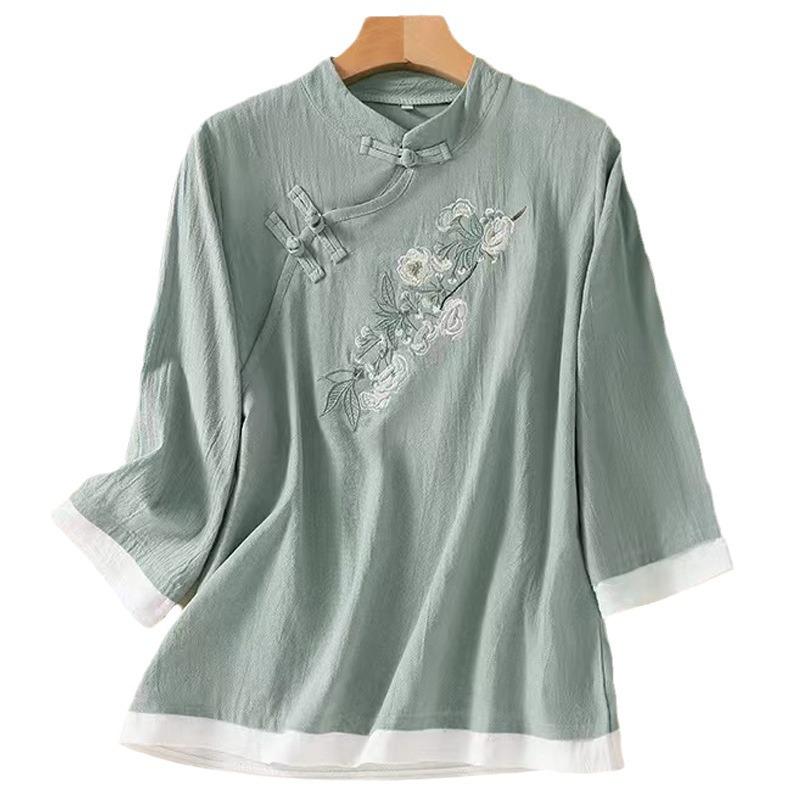 Women's 2024 Embroidered Cotton-Linen Three-Quarter Sleeve Pullover T-Shirt – Plus Size, Casual, Round Neck, Belly-Covering for Spring & Autumn.