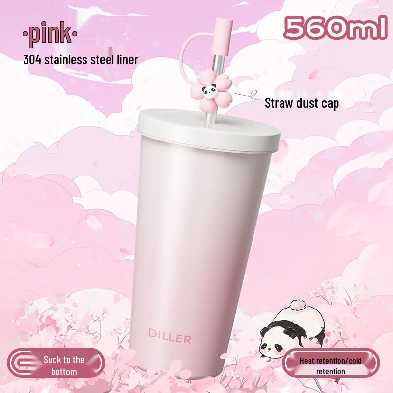 Diller Cherry Blossom Panda Straw Thermal Mug