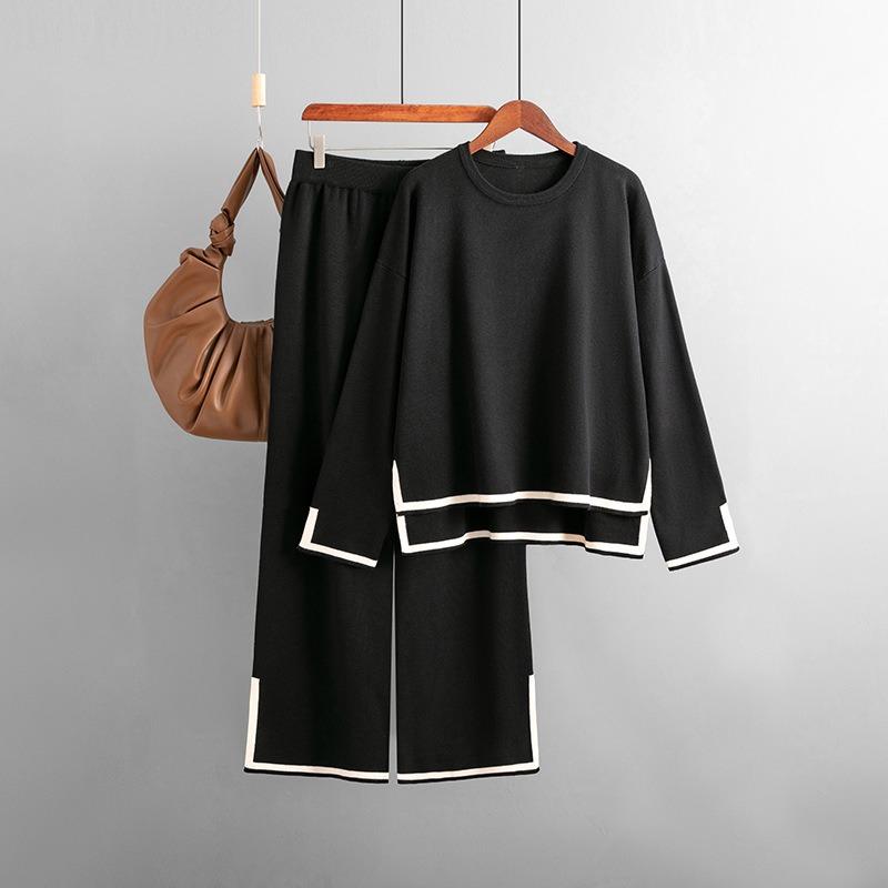 Autumn and Winter New Temperament Contrasting Colors Split-ended Long-sleeved Knitted Suit High Waist and Thin Wide-leg Trousers Two-piece Set