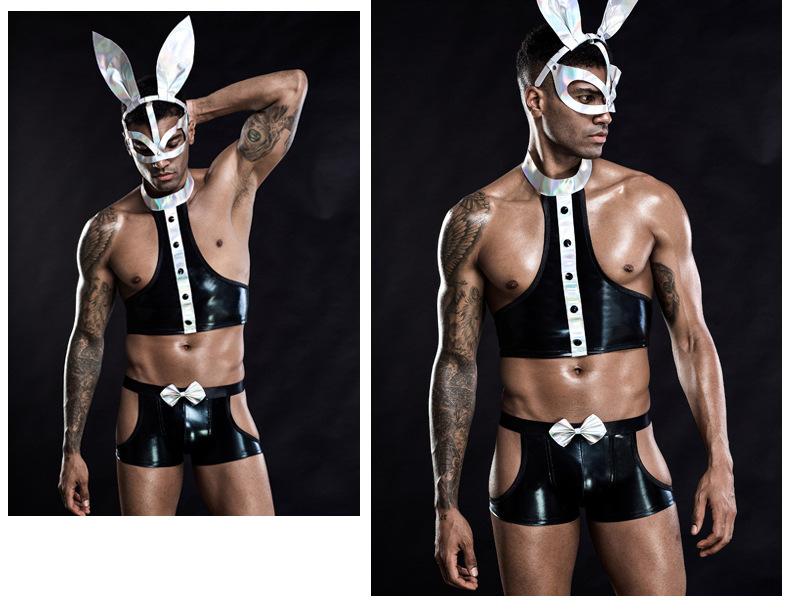 Hot Male Sexy Cosplay Bunny Boy PU Lingerie Costumes Man Night Club Role Play Waiter Uniform Erotic Hormone Rabbit Outfit