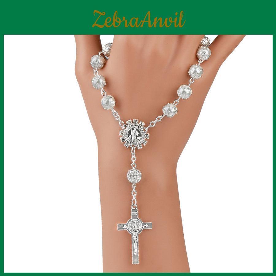 Elegantes Gold- und Silber-Spitzen-Glas-Imitationsperlen-Rosenkranz-Armband mit Kreuzanhänger