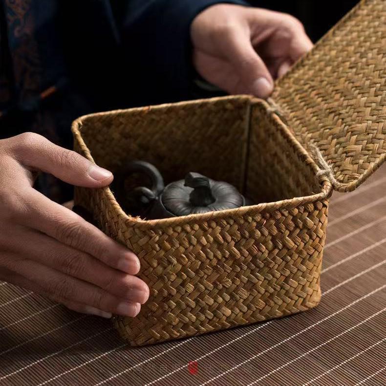 Seagrass Bamboo Woven Lid Organizer: Handmade Desktop Storage & Gift Box