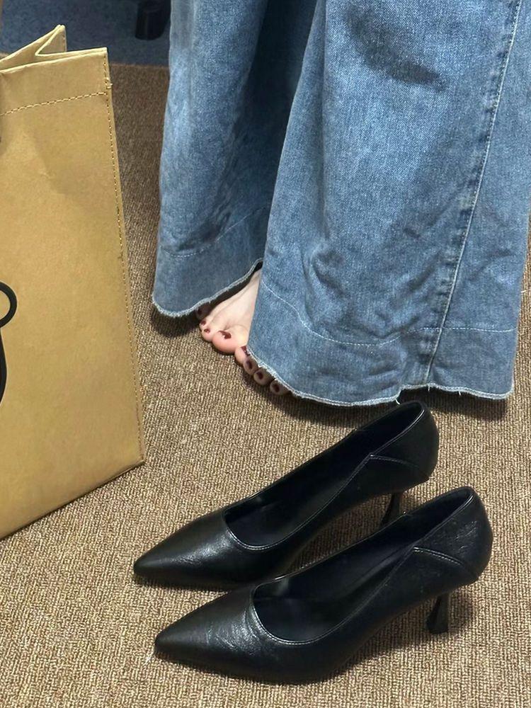 Black comfortable professional single shoes 2025 spring and summer soft leather not tired feet high heels thin heels pointed work shoes