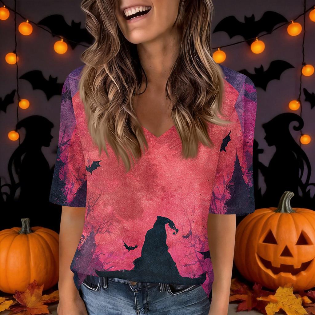 Women's Fashion Short Sleeve V Neck Halloween Print Tunic Top for Casual Wear