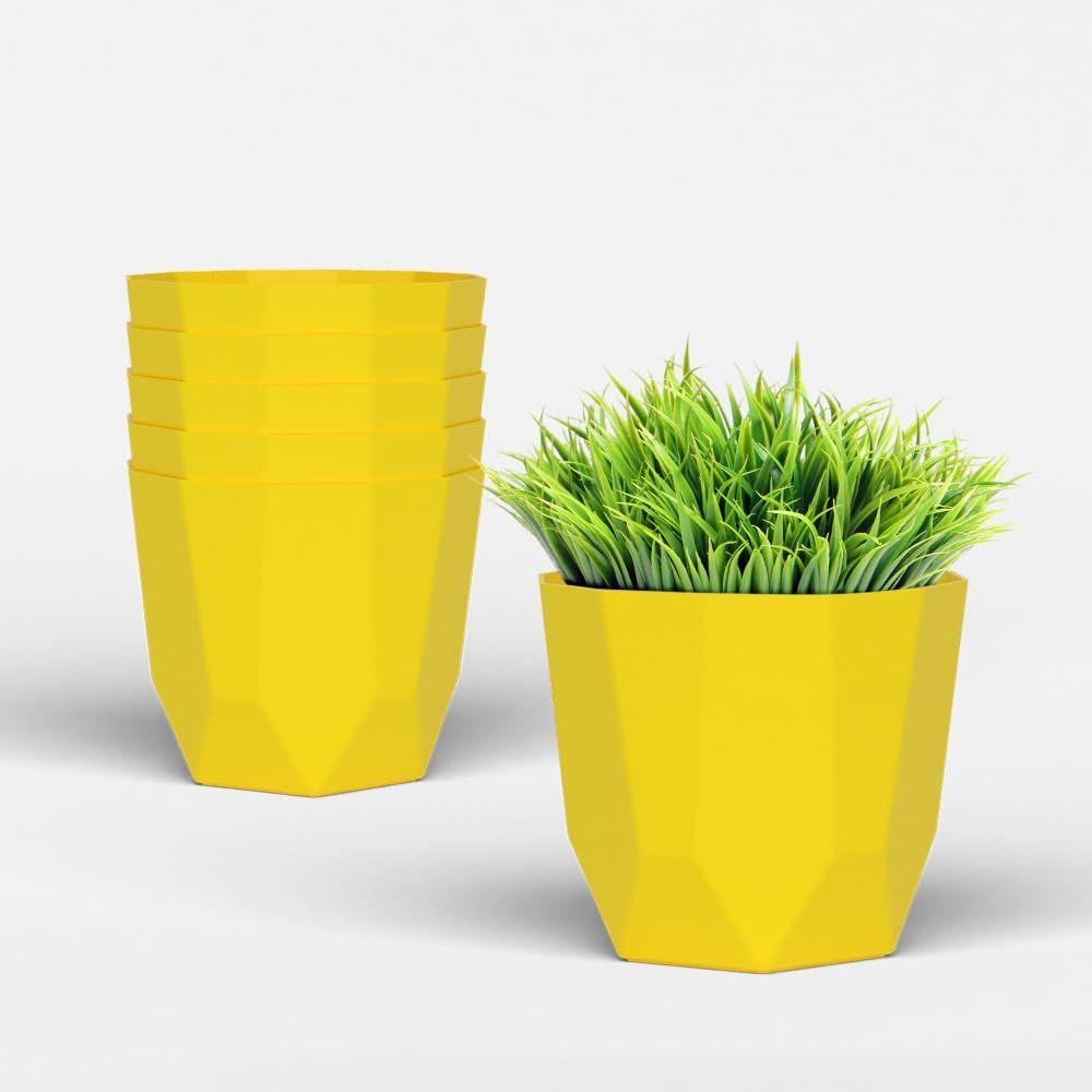 Hexa 4 Inch Pack of 6 Piece Plastic Plant Pot for Home Decor Indoor Plant Pots for Living Room Plastic Flower Pot for Garden (Yellow)