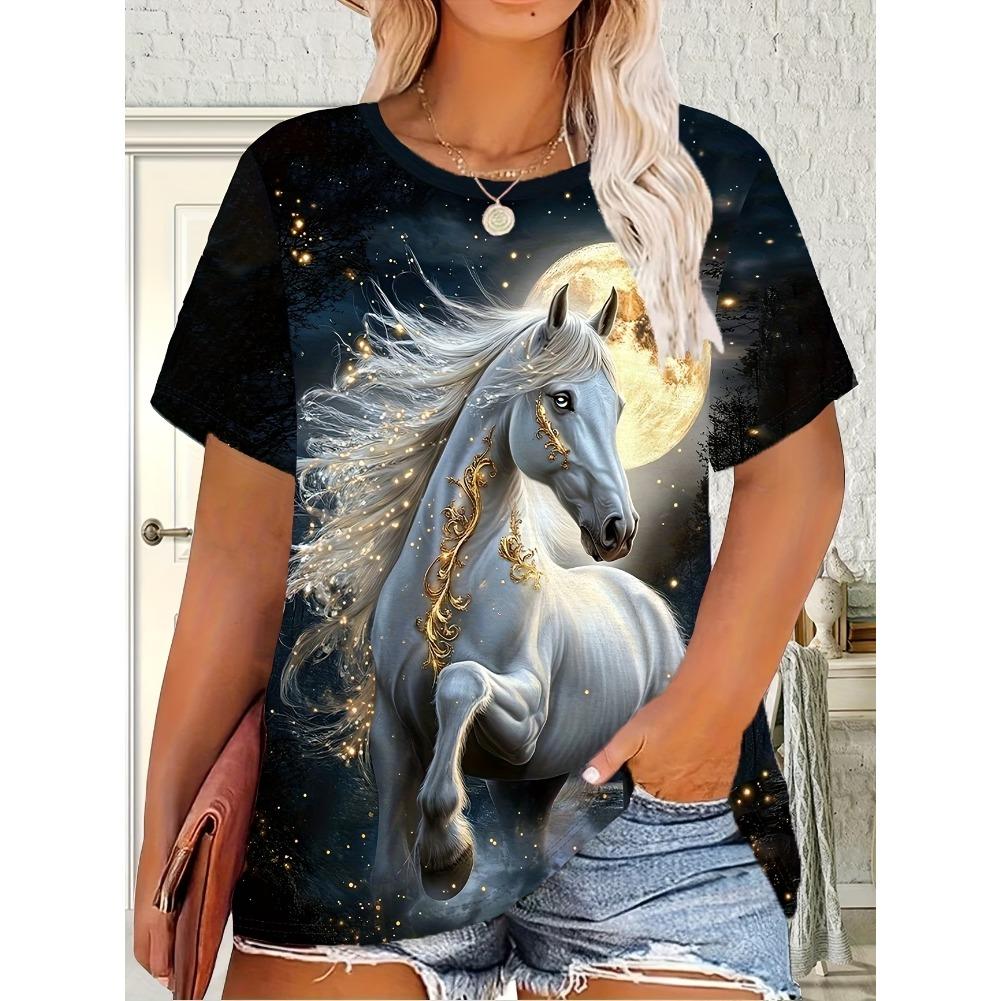 Plus Size Casual Crew Neck Short Sleeve Tiger Horse Animal Print T-Shirt - Soft Stretch Polyester Fabric Spring and Summer Womens Relaxed Fit Clothing