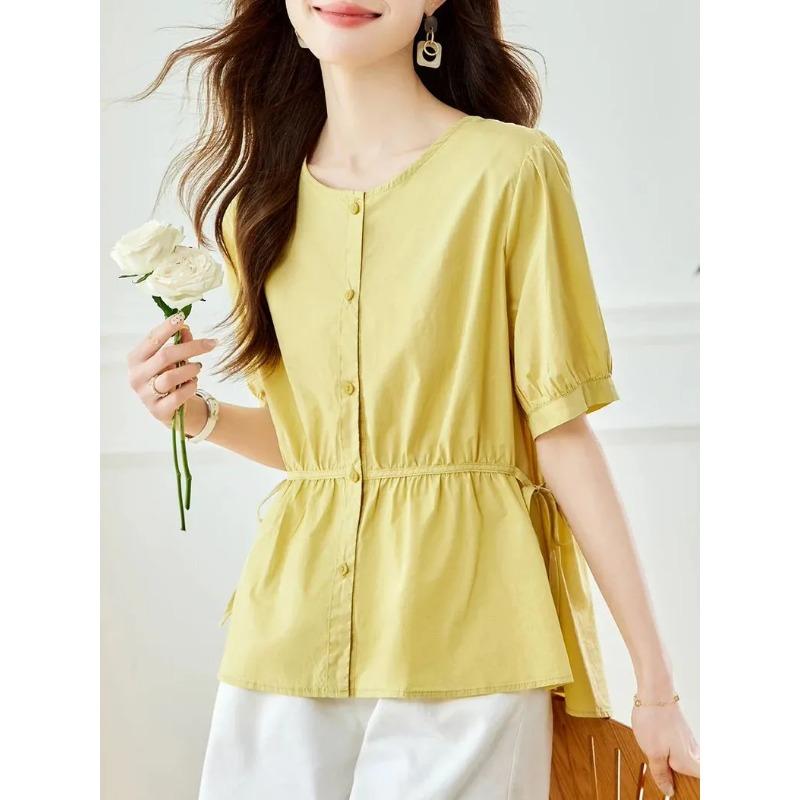 Womens White Round Neck Short Sleeve Drawstring Waist Button Front Peplum Shirt