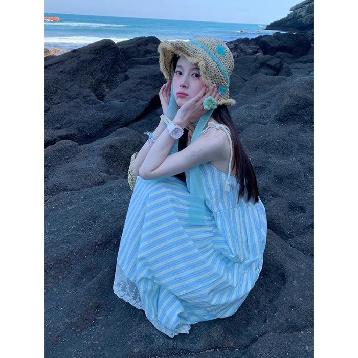 French first love blue suspender dress women s summer new small seaside vacation wind beach dress S