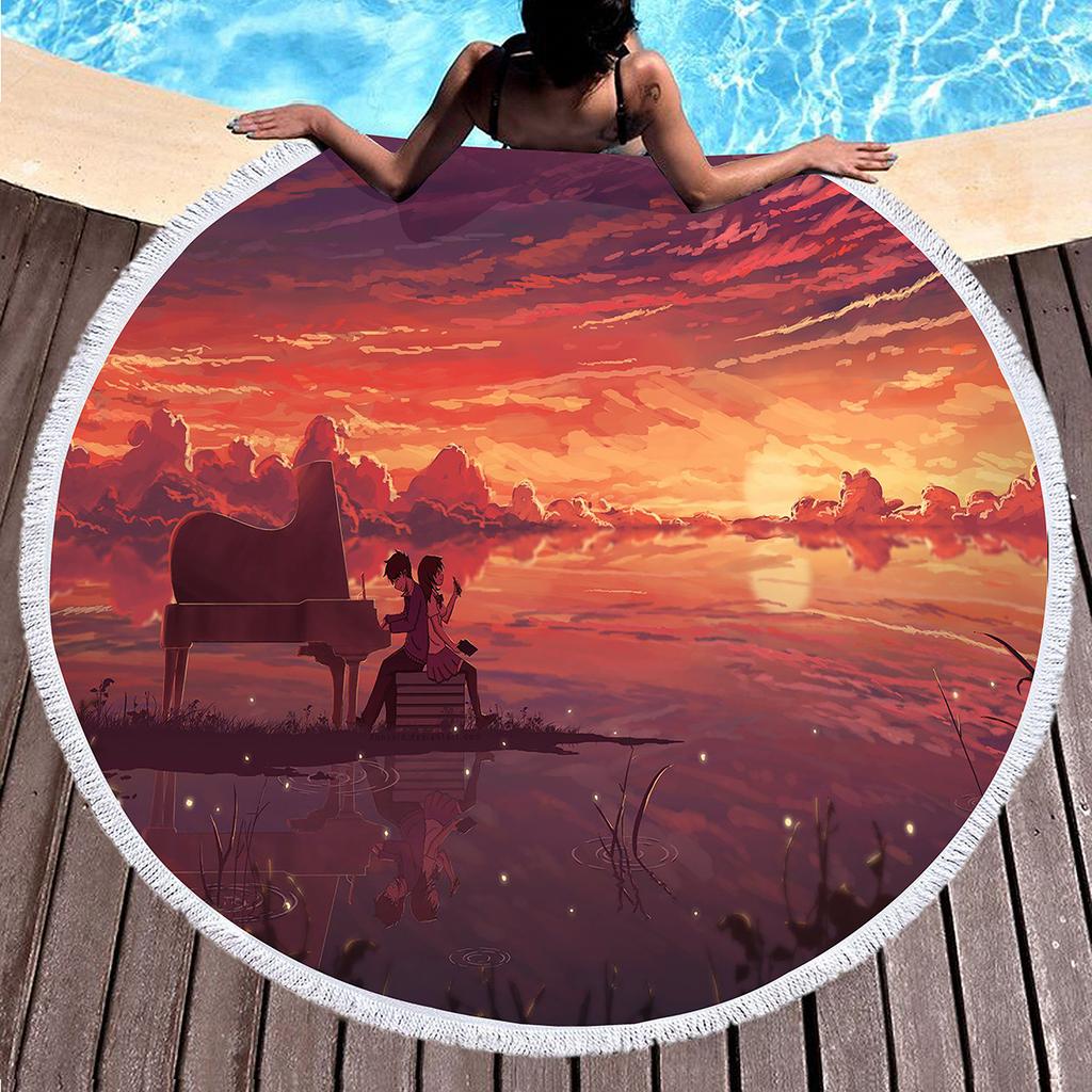 Sunrise Scenery Print Round Beach Towel,Polyester Soft Sand Resistant Beach Blanket,Absorbent Quick Dry Pool Towel Picnic Mat