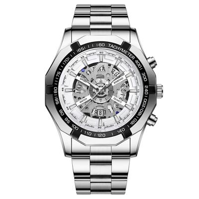 Skeleton Stylowy 3ATM Wodoodporny Świecący Analogowy Kalendarz Stalowy Pasek Zegarek Modny Zegarek Urodziny Boże Narodzenie Dzień Dzień Prezent Męski Zegarek Męski