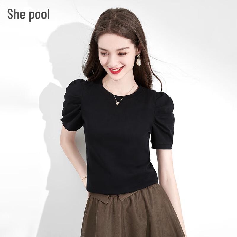 Tachi Women s Slim-Fit Pleated Puff Sleeve Round Neck T-Shirt S