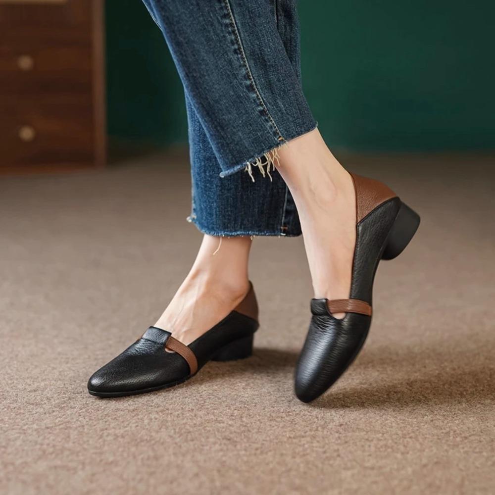 Fashion Pumps Women Autumn New Comfortable Versatile Chunky Heel Soft Leather Soft Sole Non-Tiring Slip-On Pointed Toe Low Heel Shoes