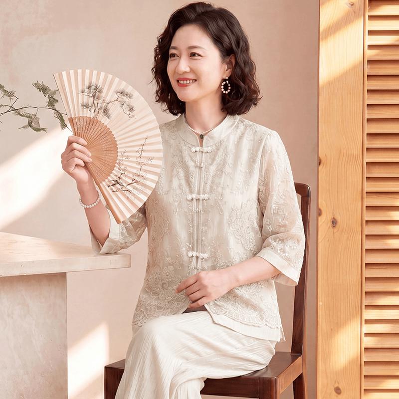 Datang Furen Women's Summer Embroidered Mesh Blouse & Trousers Set