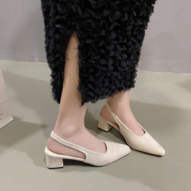 Back trip strap single shoes square head spring and autumn suede simple and sweet shoes temperament bag head shallow mouth women's single sandals