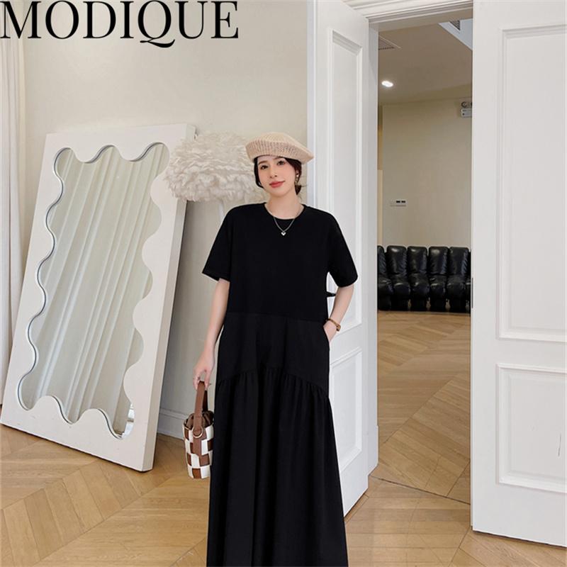 MODIQUE Summer Plus Size New Dress Shirt Women Loose Patchwork Cotton Linen Basics Folds A-Line Dress Solid Casual Female Dresses O-Neck