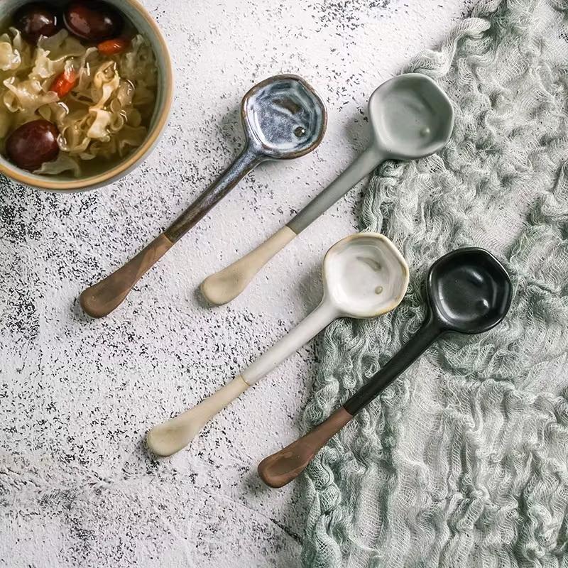 1/4Pcs Long Handle Crooked Spoon Exquisite Stoneware Retro Afternoon Tea Coffee Stirring Spoon High Value Handmade Spoon Spoon