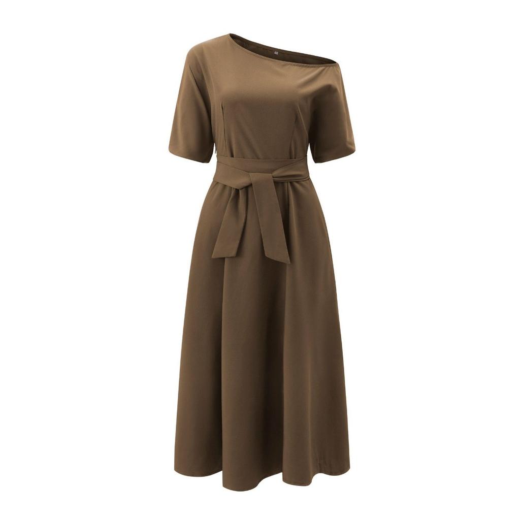 Elegant Women's Fashion Green Diagonal Neck Middle Sleeve Casual Dress Women's Casual Retro Long Dress