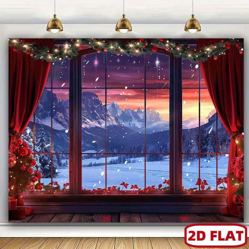 2D Christmas Sunset Window Backdrop Snowy Mountain Scenery Studio Background 47.2x31.5inch/120*80cm