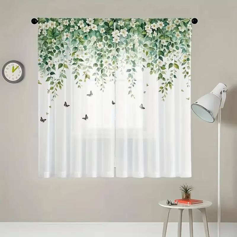 2PCS floral and butterfly flat printed transparent curtains, perfect for bedrooms, living rooms, dining rooms, and bathrooms