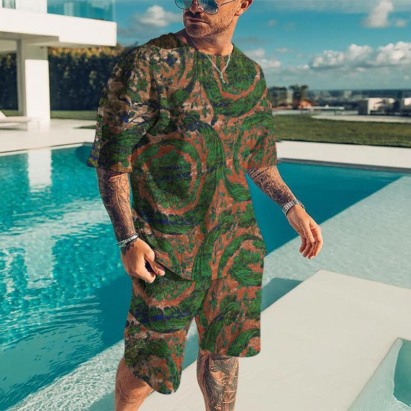 Summer Quick Drying Men's Sports Set 2-Piece 3D Printing Gold Line Black Set European Luxury Style Men's T-shirt+Beach Pants