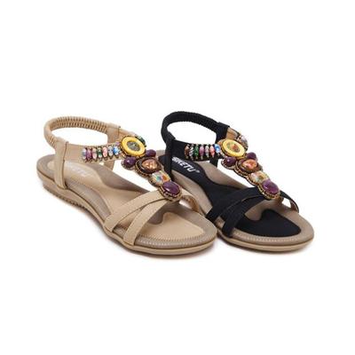 Sandali da donna con fascia elastica, perline bohémien retrò, sandali antiscivolo con tacco piatto
