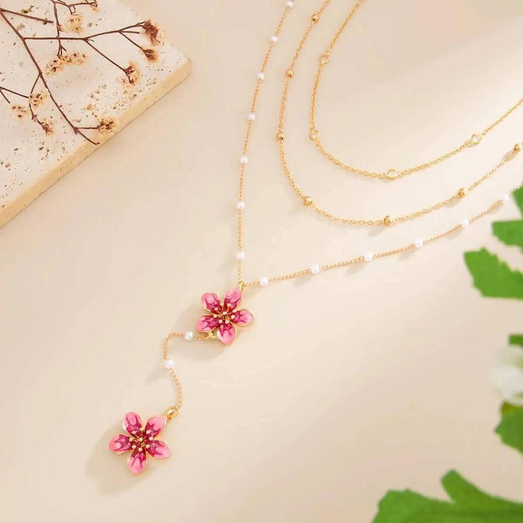 IngeSight.Z Exquisite Romantic Pink Drip Oil Flower Pendant Choker Necklace Women Boho Imitation Pearl Metal Chain Lady Jewelry
