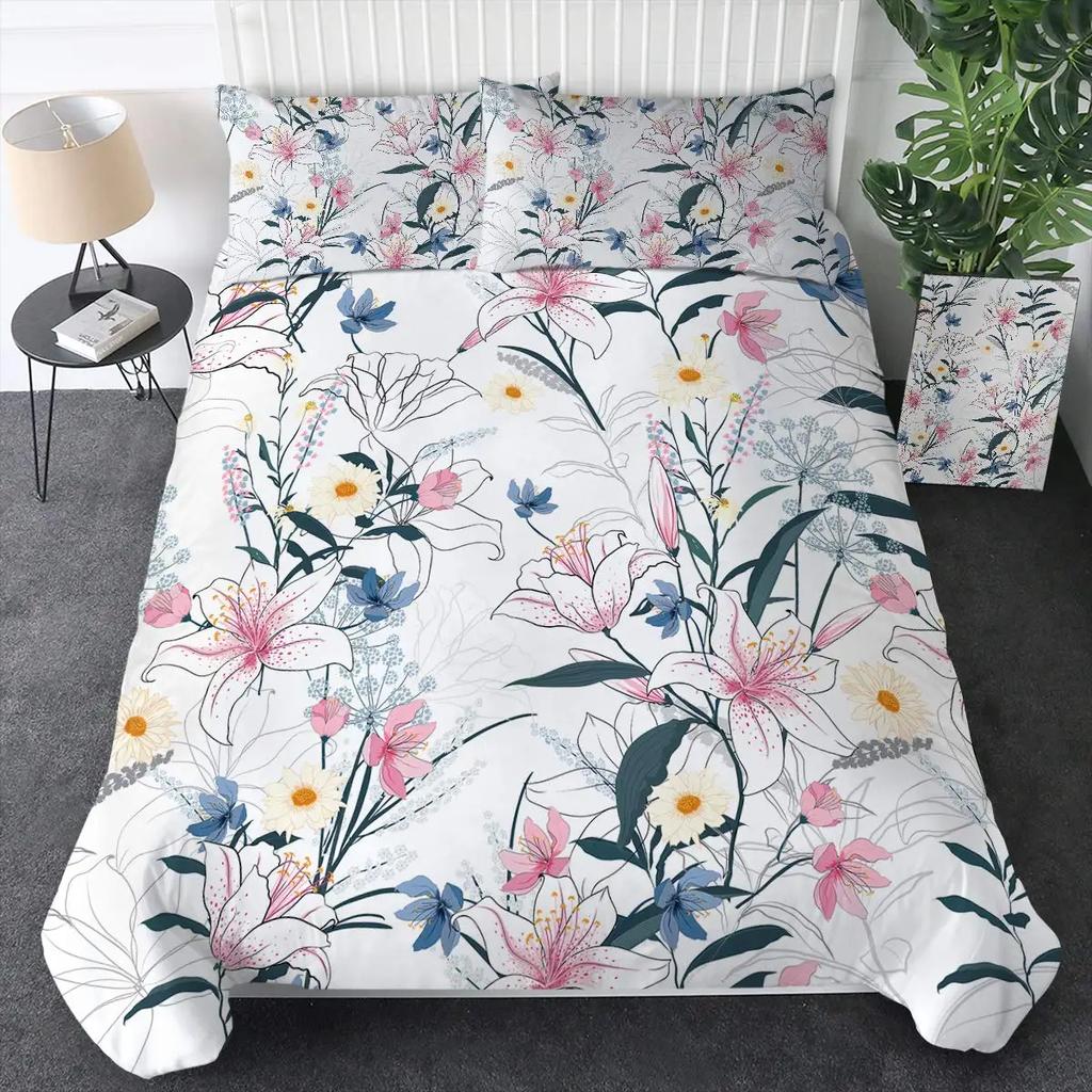 Aquarell Botanische Blume Bettbezug-Set King Size Wildblume Orchidee Floral Bedrucktes Bettwäsche-Set Elegante Shabby Chic Tagesdecke