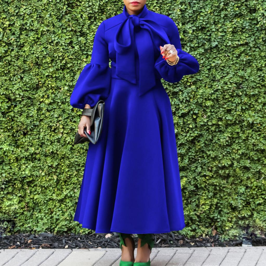 Women Long Sleeve Elegant Dresses Bow Collar High Waisted Pleated Mid Calf Luxury Birthday Party Vestidos Mujer Dress