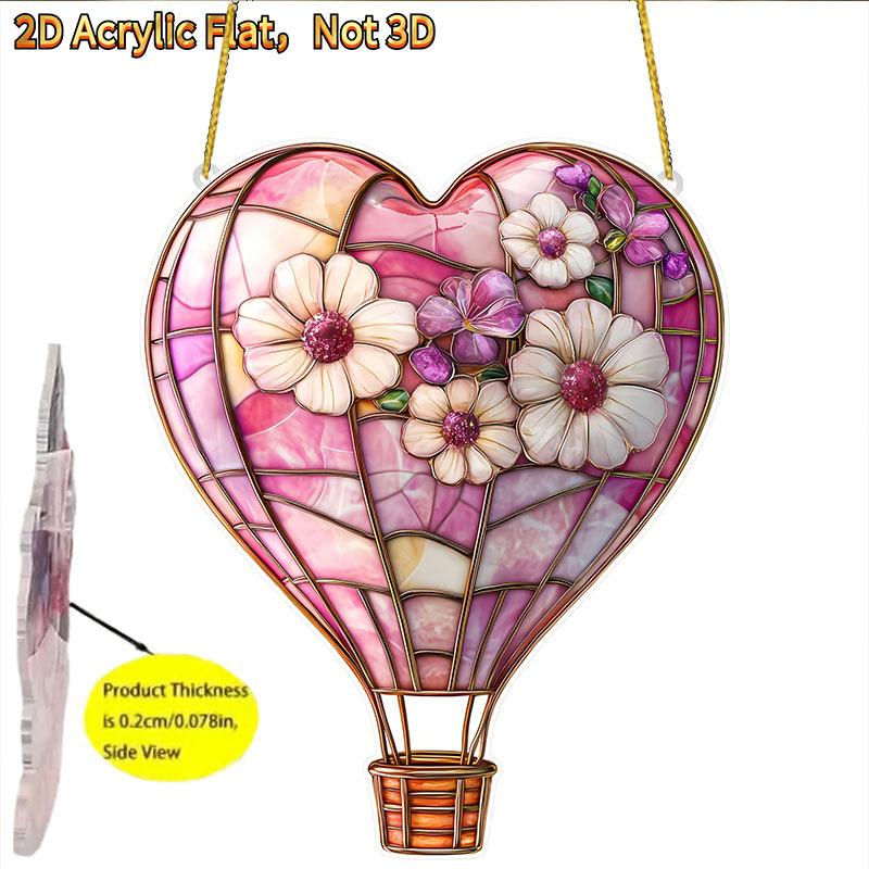 Romantic Pink Heart-Shaped Hot Air Balloon Sun Catcher, Floral Garden Design Window Hanging, Plastic Balloon Ornament, Unique Housewarming Gift 20*16cm
