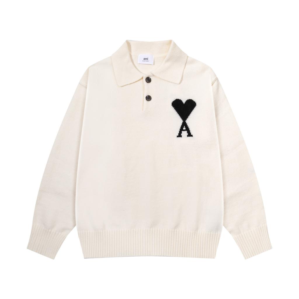 8199 AMI Autumn and Winter White Heart-shaped Jacquard Alpaca Wool Blended Loose Sweater Polo Collar Men Pullover Sweater