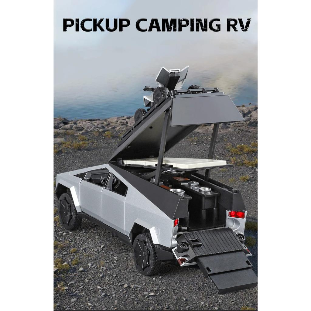 1/32 Tesla Cyber the Truck Pickup Alloy Camping RV Car Model Diecasts Metal Toy Van Motorhome Touring Car Model Sound Light Kids Gifts