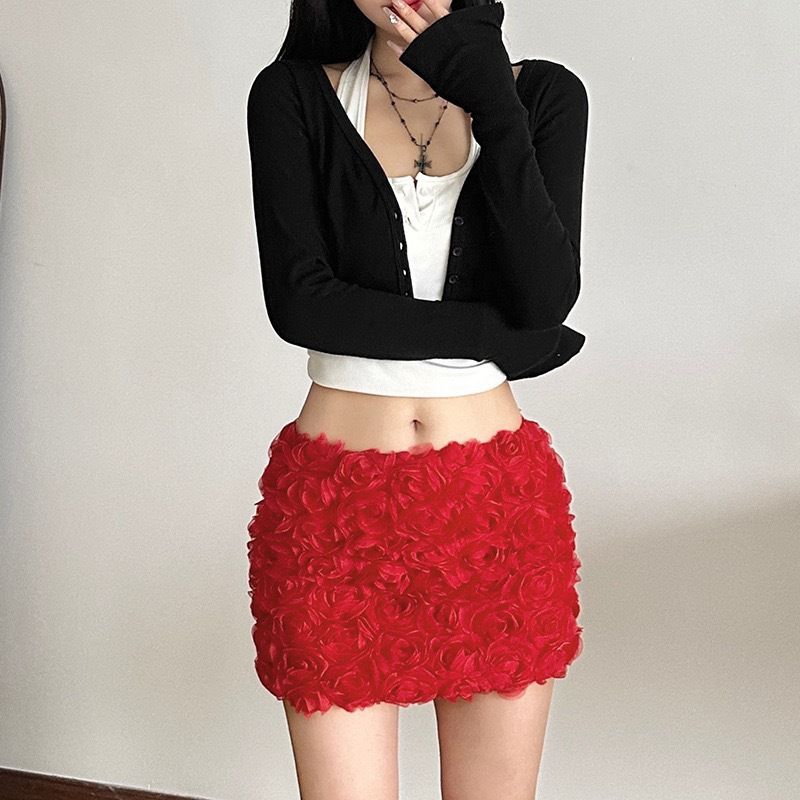 Vară Nouă Fustă Scurtă Trandafir Tridimensional Greu Fustă cu Talie Înaltă Temperament Fustă Subțire Fustă de Zână