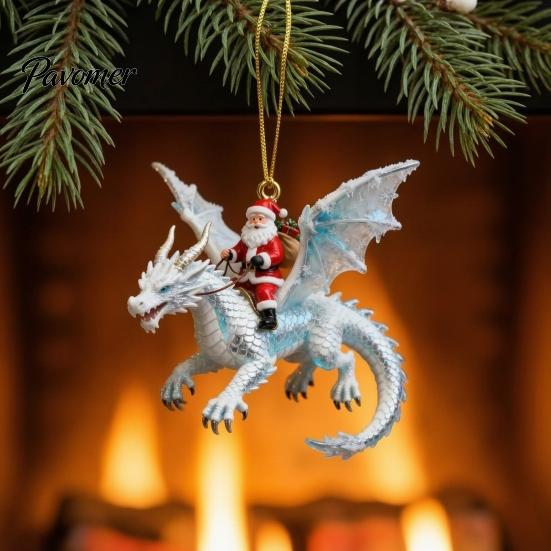 Prachtig kerstcadeau voor vrienden 2 stuks Kerstornamenten Santa Drakenrijder, 2D Acryl Vliegend Handgemaakt Feestelijke Hangende Ornamenten Claus Decoratie, Boom