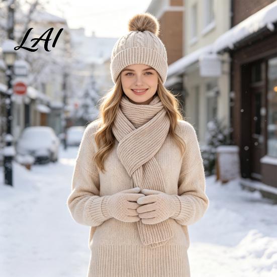 Thickened Thermal Accessories for Women Winter Hat Scarf Gloves Set Knitted Pom Warm Cute Gloves Solid Color Cozy Knit Men Cold Weather Autumn